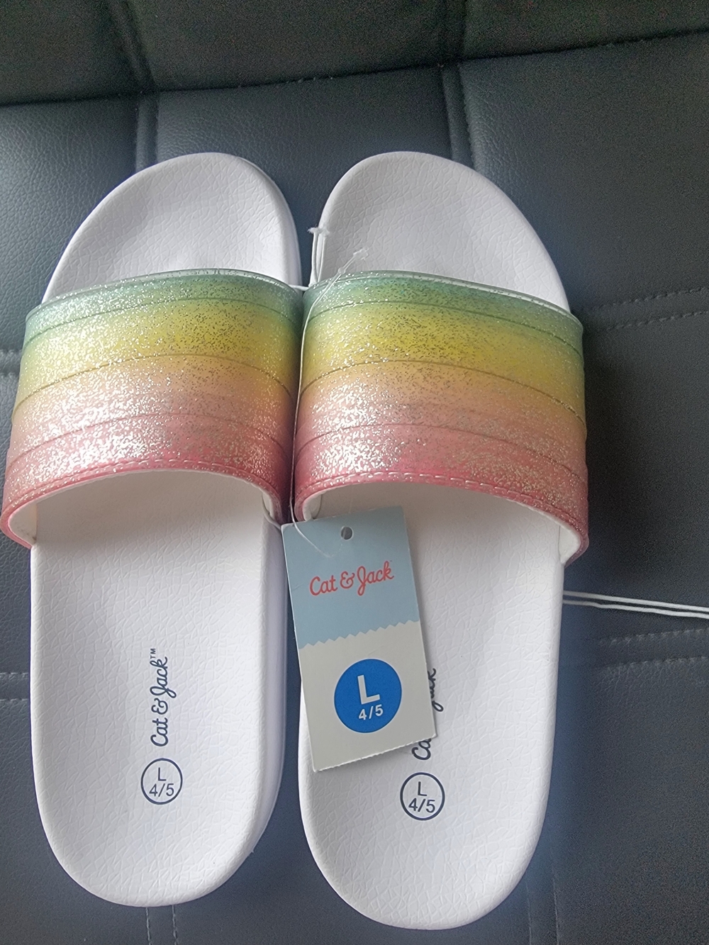 Cat & Jack Big Kids/adults Rainbow Glitter Slide Sandals White Base Size L (4/5)